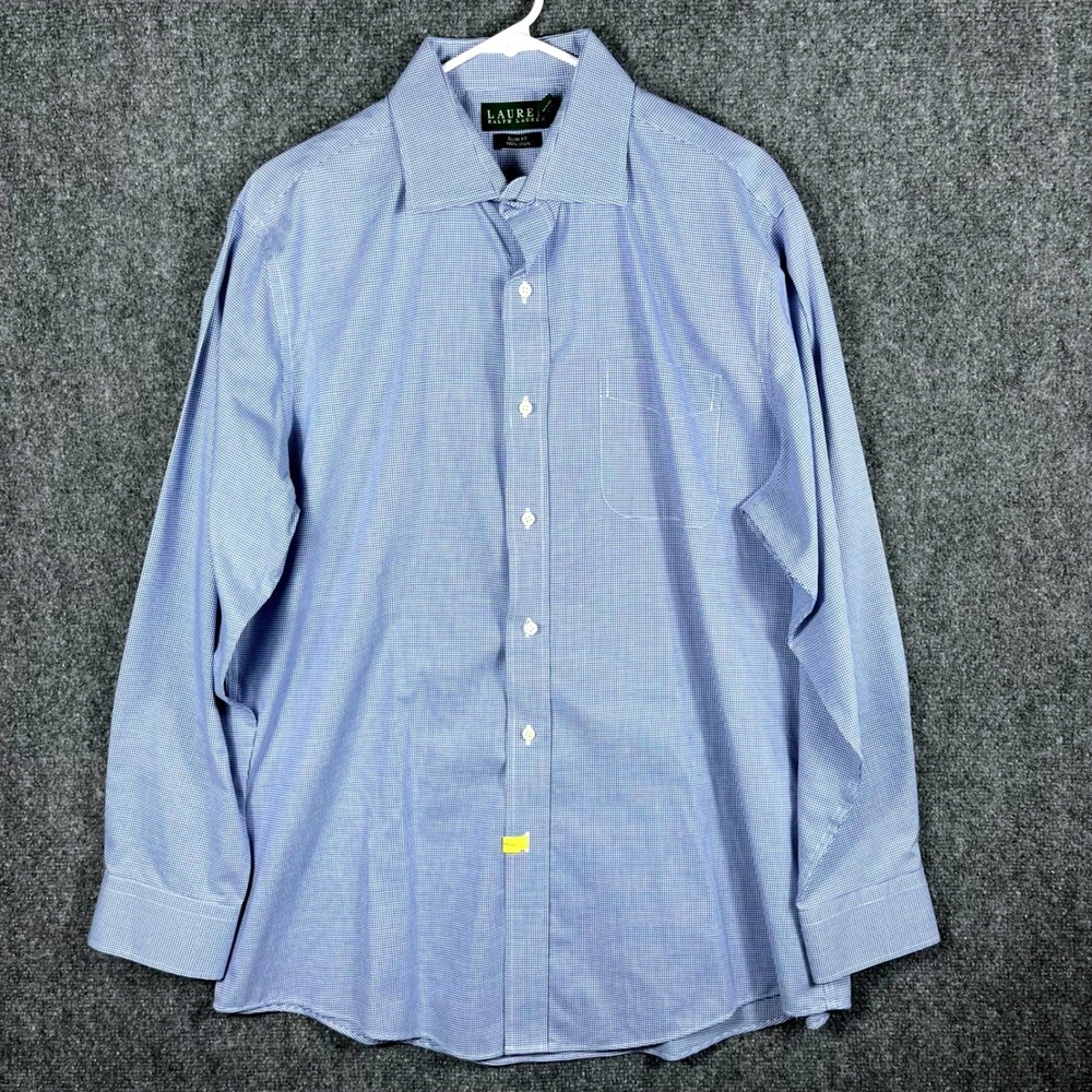 Ralph Lauren Mens Blue Gingham Slim Fit Non Iron Dress Shirt 17 34 35 - Picture 2 of 7